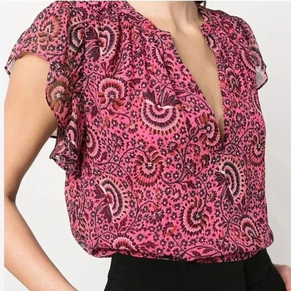 A.L.C. June Blouse Womens 0 Pink V Neck Short Flutter Sleeve Silk Paisley Print